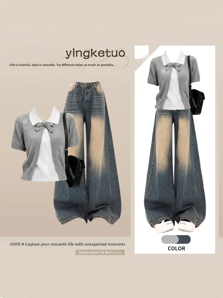 

Korean Casual College Style Color Block Knot Short Sleeve Top Wide Leg Jeans Women Summer Versatile Anti Aging Set