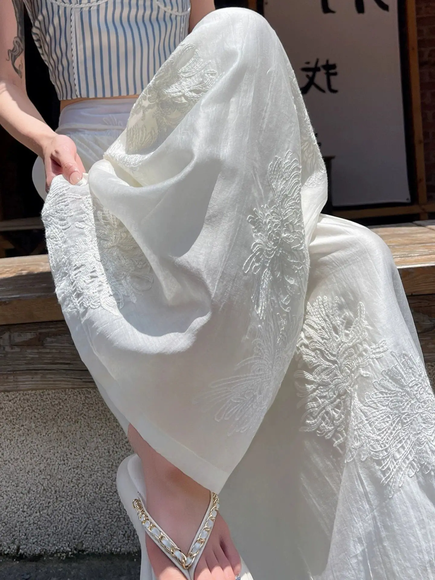 White Embroidered Wide-leg Pants 2026 Summer Women Lace-up Loose Trousers High-end Drape Chinese Style Floral Straight-leg Pant
