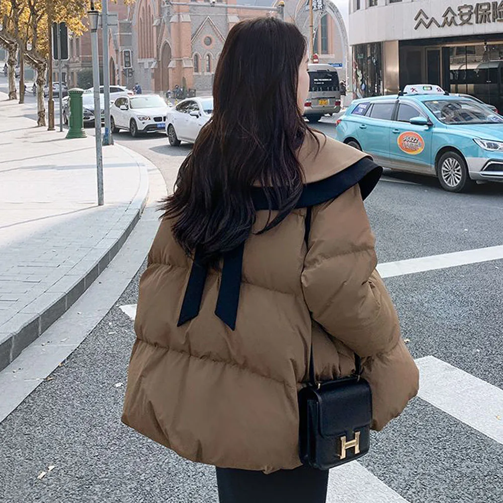 Sweet Chic Women\'s Cotton Jacket Peter Pan Collar Zipper Contrast Color Coat Autumn Winter 2023 New Female Casual Warm Outerwear