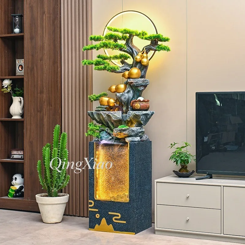 Floor Standing Water Fountain Ornament Rockery Pine Gourd Sculpture for Living Room Office Entryway Indoor Home Decor Gift