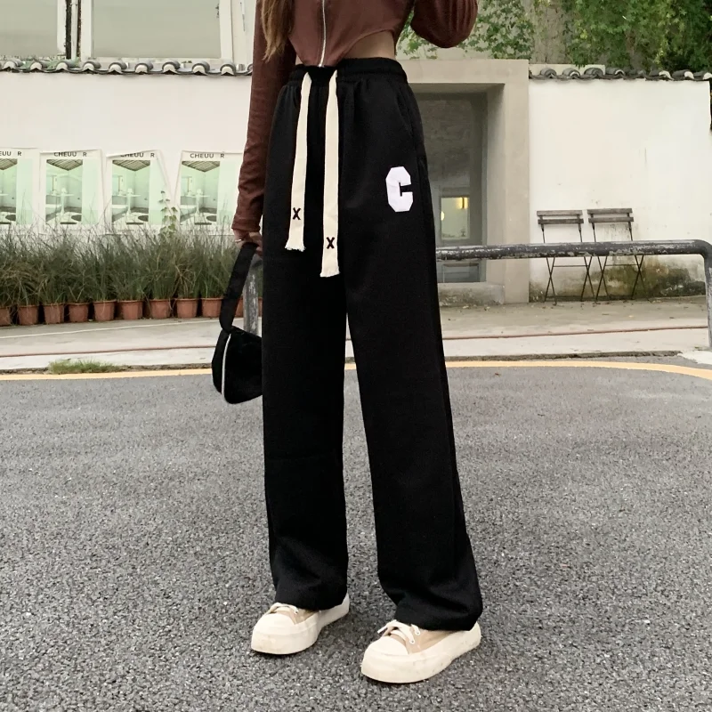 

Black Sports Pants for Women In Autumn New Drawstring Leggings for Slimming Versatile Three Bar Wide Leg Sports Pants NEW 2023