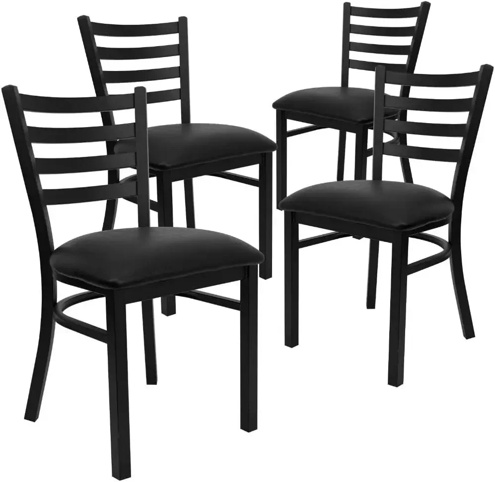 Furniture 4 Pk.  Black Ladder Back Metal Restaurant Chair - Black Vinyl Seat