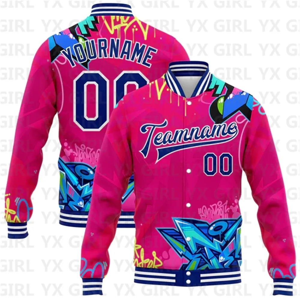 Custom Graffiti Pattern Pink-Black Abstract Splashes 3D Bomber Full-Snap Varsity Letterman Jacket 3D Baseball Button Jacket