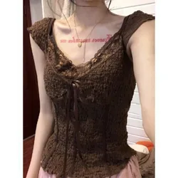 Fashion Vintage Lace Up V-neck Tank Top 2024 Ummer New Slim Fit Camisole Vest Y2k E-Girl All-match Sleeveless Tops Women