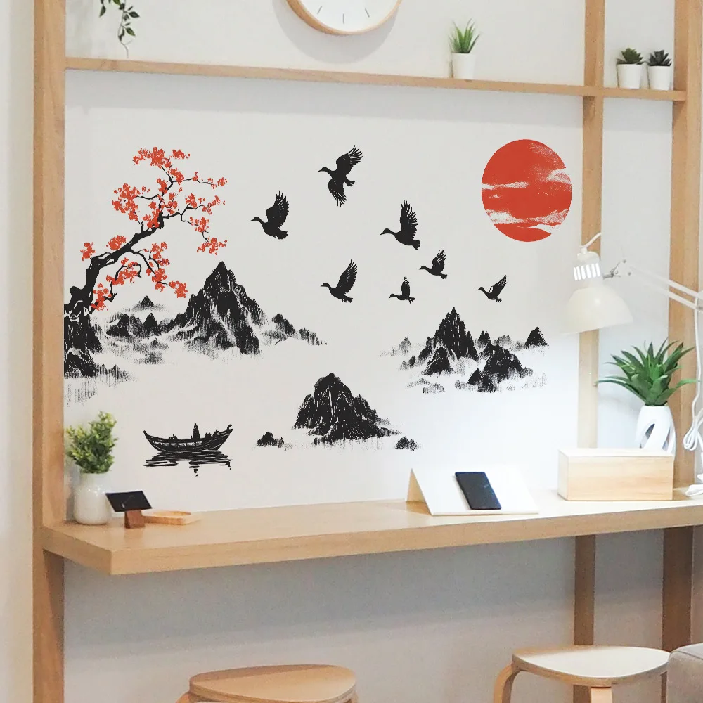 Chinese Style Landscape Painting Wall Stickers Living Room Sofa Background Decoration Mural Bedroom Home Decor Removable Decals