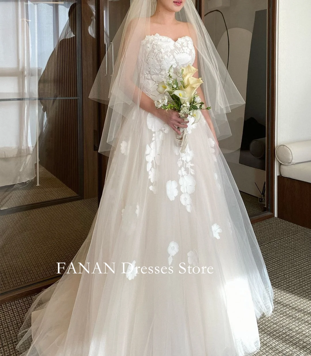 

FANAN Elegant A-Line Korea Ivory Tulle Applique Wedding Dresses 웨딩드레스 Sweetheart Custom Made Pretty Corset Bride Gowns Plus Size