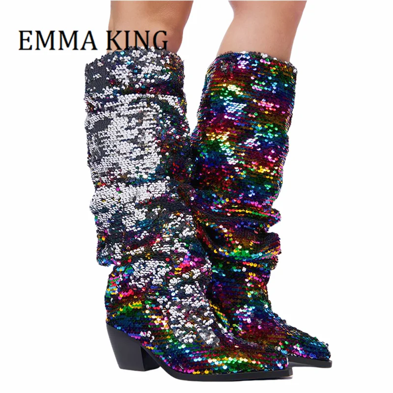 

Women Multi Rainbow Sequin Western Boot Sexy Pointy Toe Chunky Heel Knee High Boots Pull-on Style Nightclub Stage Women's Boots