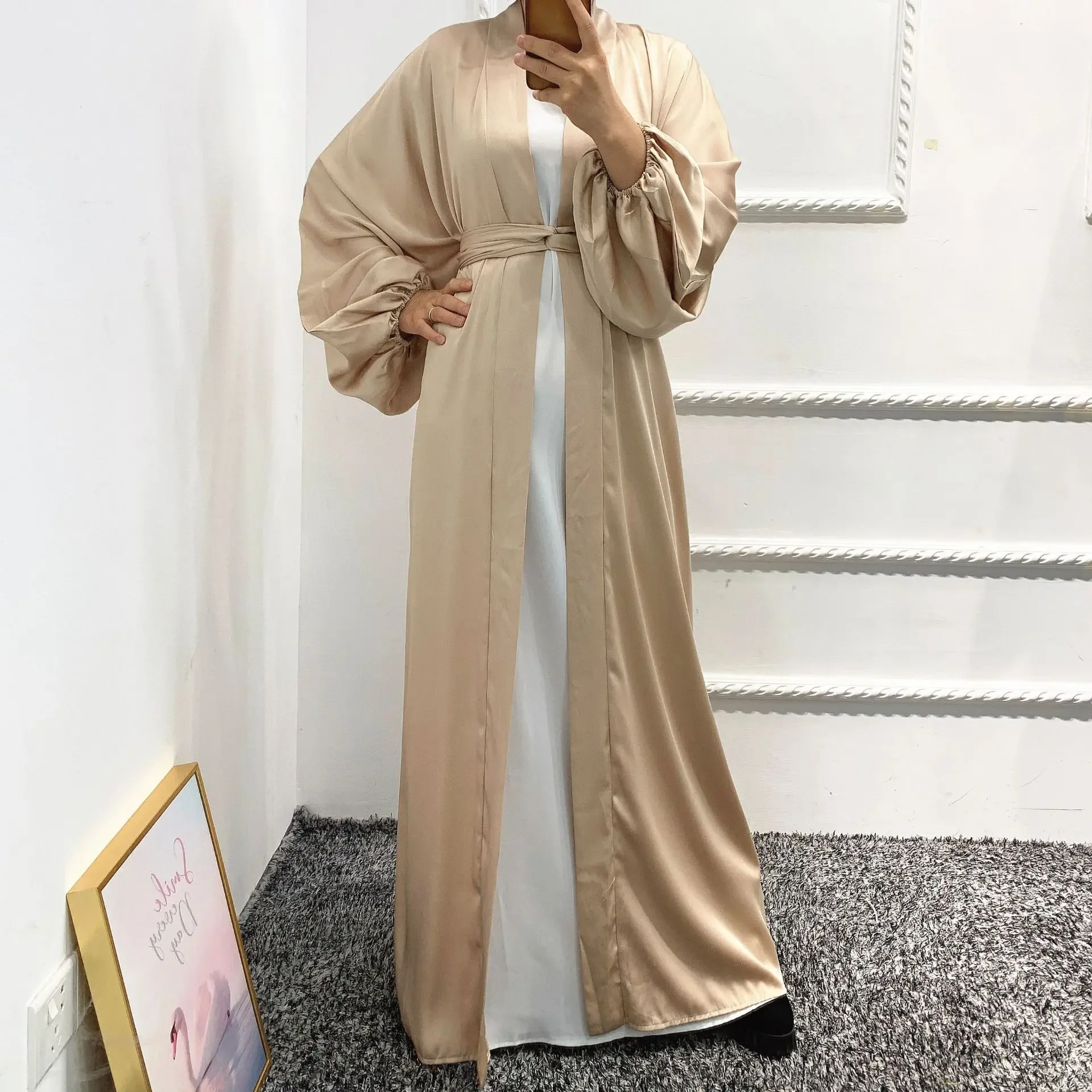 2025 Eid Open Abaya Women Kaftan Ramadan Solid Dress Puff Sleeve Abayas Hijab Robe Caftan Marocain Muslim Jilbab Islam Clothing