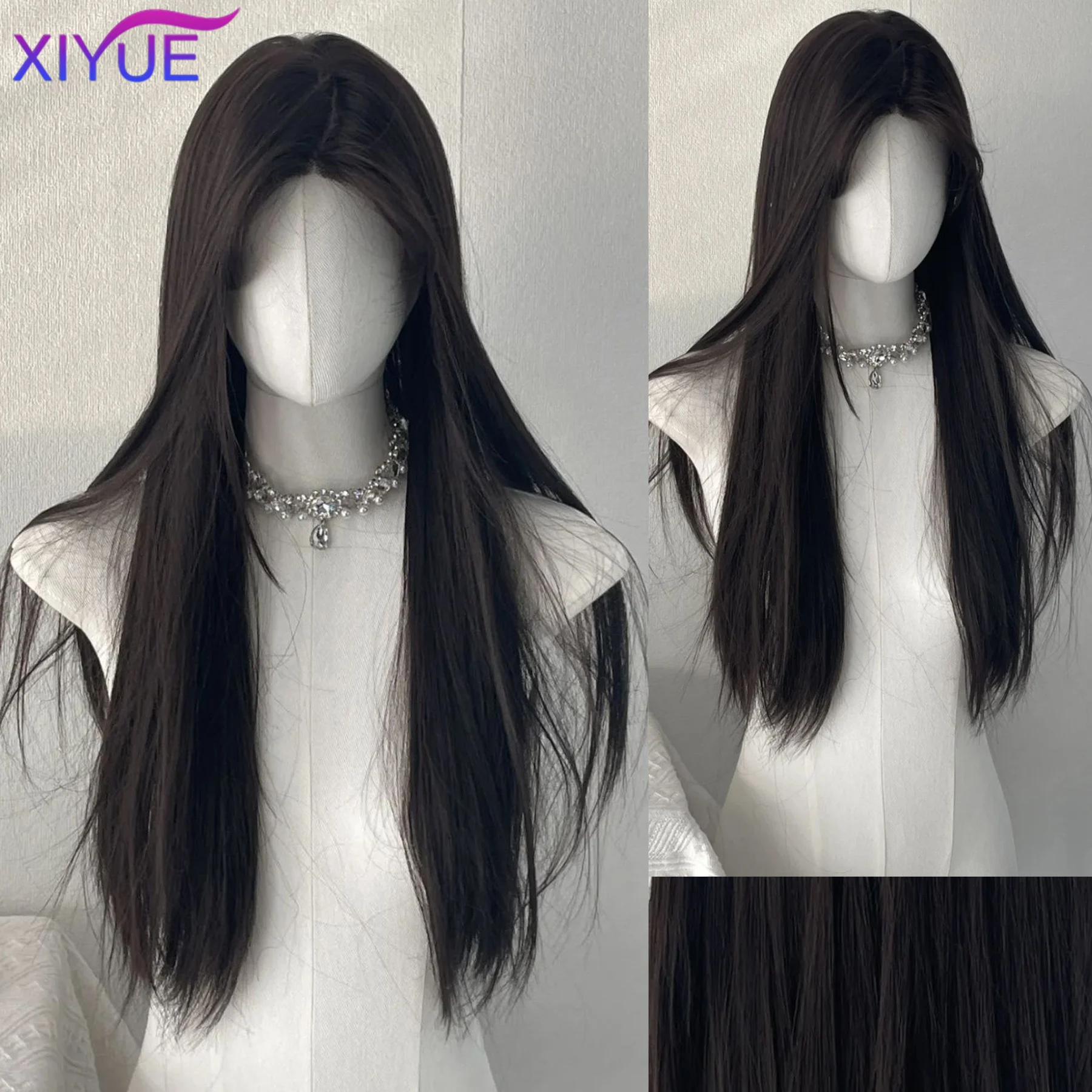 

XIYUE Black Wig for Women Long Straight Hair Headband Front Wig Cosplay Temperament for Daily Use Lolita Black Synthetic Wigs
