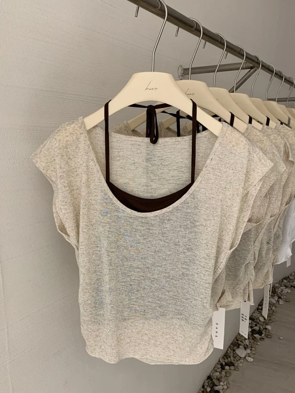 Elegant U-Neck Short Sleeve T-Shirt Patchwork Halter Neck Vest Fake Two-Piece Slimming Top Korean Style Commute Fashion