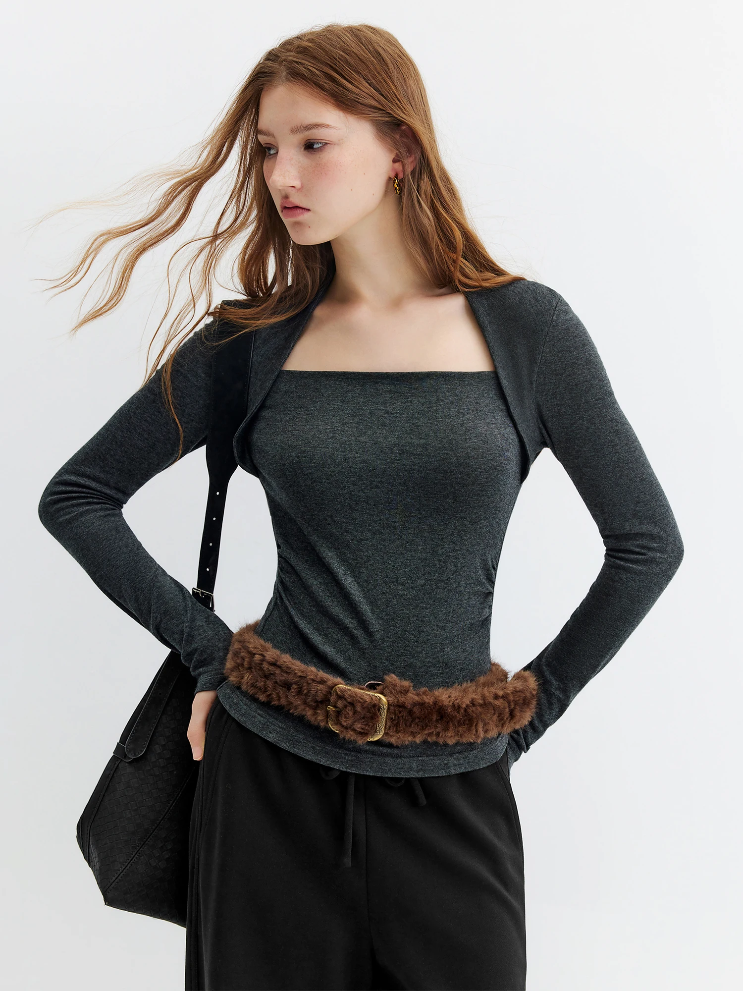 FSLE 2026 Herbst Damen Französisch-inspiriertes Oberteil mit eckigem Ausschnitt und tailliertem Schnitt aus Lyocell-Wolle-Strick mit langen Ärmeln – Schmeichelhaft für den Alltag – Detail 3