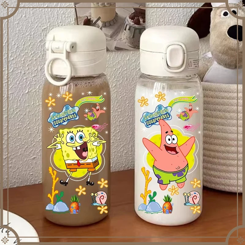 600ML Transparent Outdoor Chilli Large Capacity Sport Water Bottle For SpongeBob SquarePants Straw Water Cup Portable Plastic