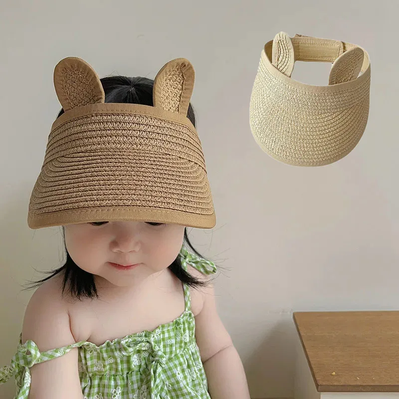 Gorro de sol de estilo coreano Ins para niña, gorro de paja transpirable sin tapa, bonito diseño de oso, antiluz para bebés de 1 año