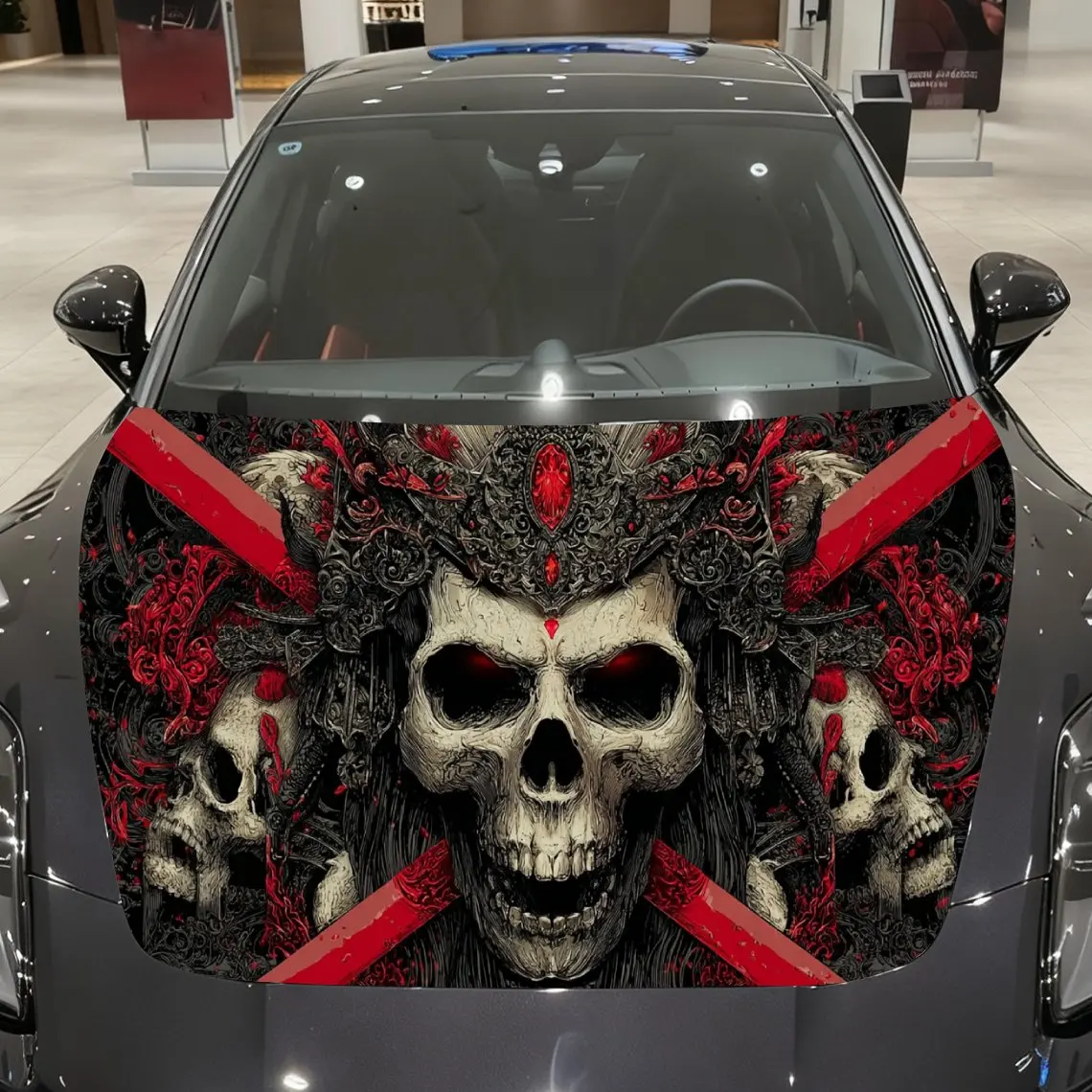 Gothic Red-Blade Skull Car Vinyl Wrap, PVC Material Waterproof Car Hood Sticker, Self-Adhesive Scratch-Resistant Stickers for En
