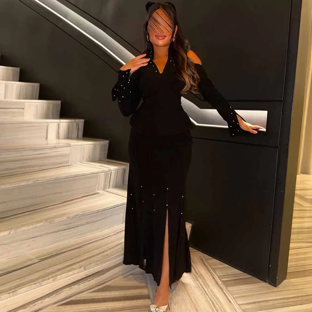 فساتين لحفلات الكوكتيل النسائية الرسمية 2025 جيرسي حورية البحر/البوق فستان عيد ميلاد أسود رسن لؤلؤ شرابة سبليت فستان حفلة موسيقية ميدي