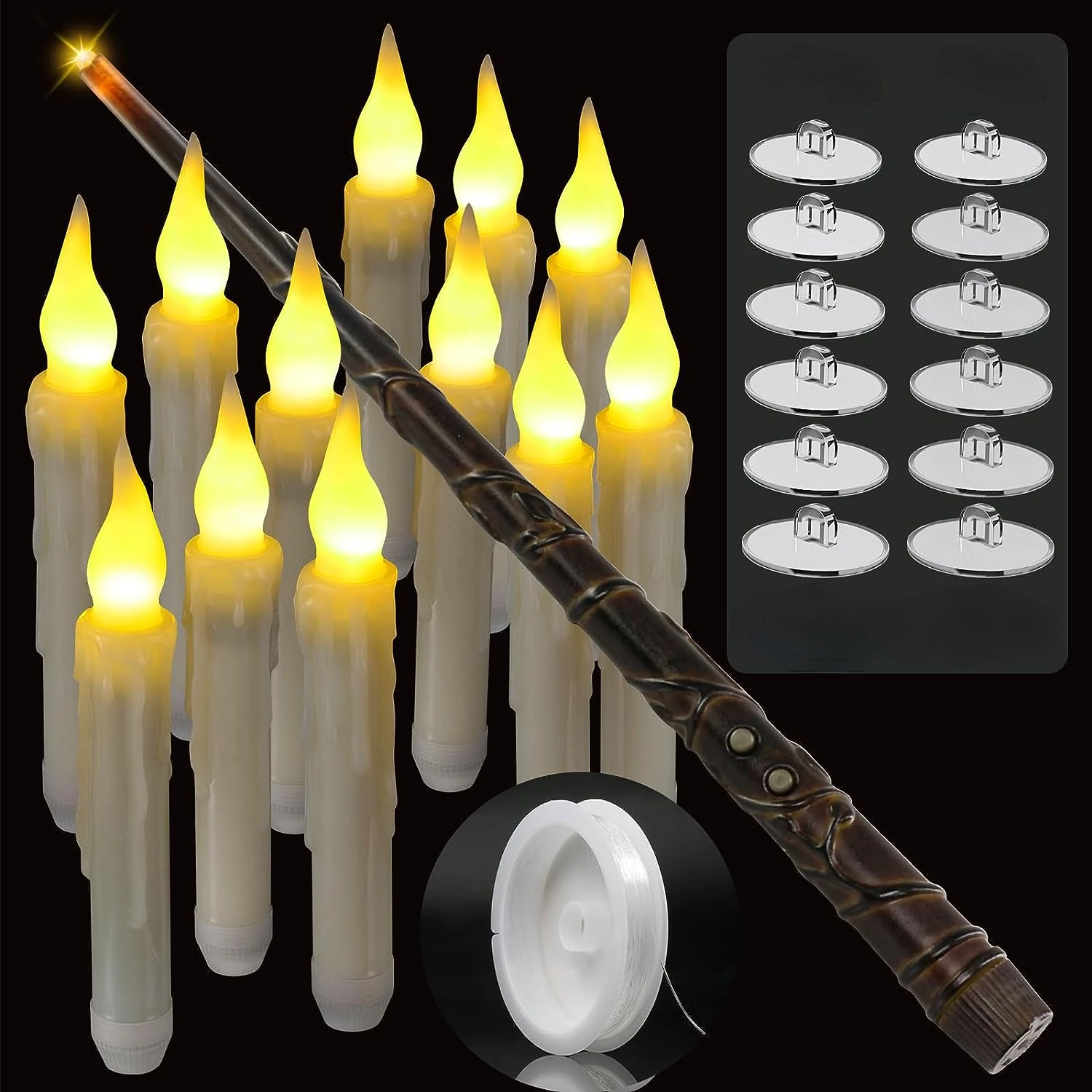 Flameless Floating Candles with Magic Wand Remote ,Hanging Battery Operated LED Candle for Christmas Halloween Party Decorations