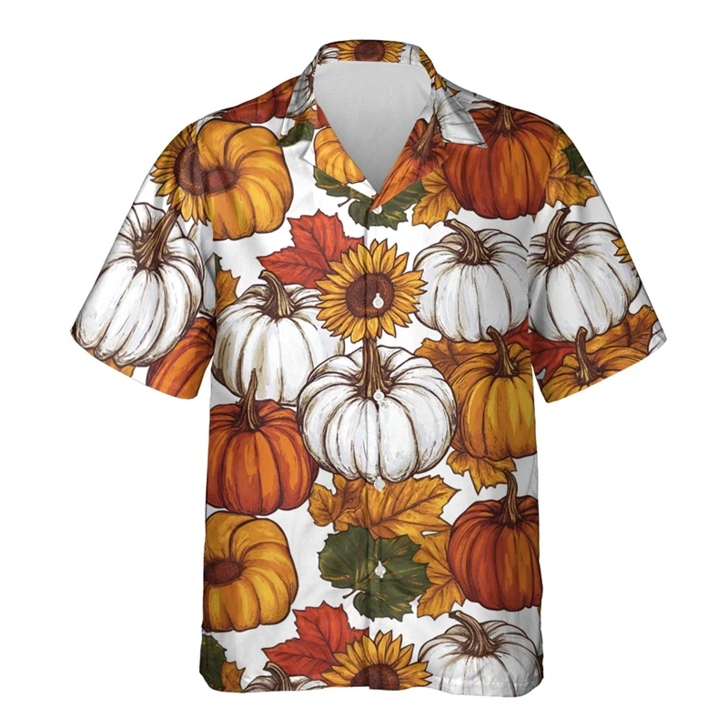 Happy Thanksgiving Day Turkey With Pumpkin Graphic Hawaiian Shirts For Men Casual Short Sleeve Button Up Tee Shirts Tops Blouses