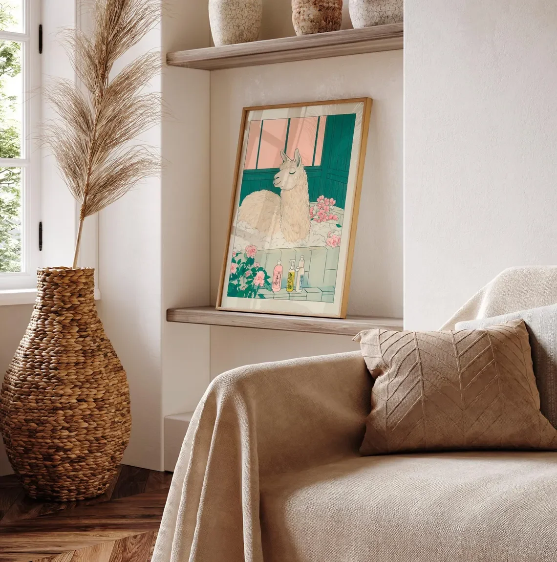 "Ukiyo-e Llama Bathtime Wall Print Decor - Japanese Woodblock Style Illustration of a Relaxed Llama in a Bubble Bath with Pink F view 5