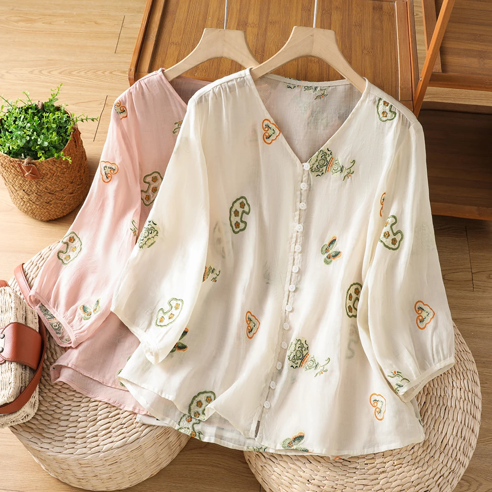 

New 2026 Chinese Style Embroidered Loose Shirt Jacket Women's plus Size Cover Belly Summer Fashion Commute Style Regular Fit