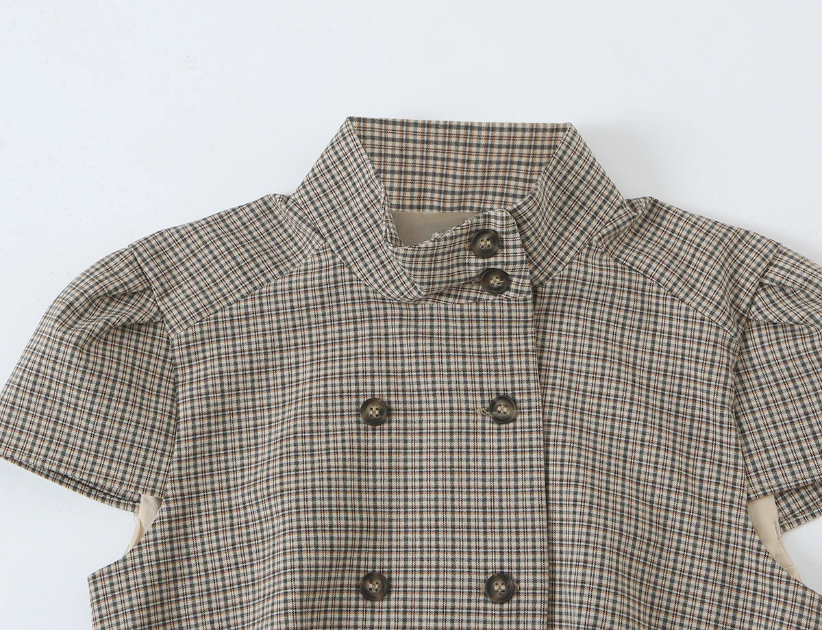 BSAY 2026 Neue Retro Preppy-Style Damen Bluse mit Stehkragen, Doppelreihig, Kurzarm, Schmal Geschnitten, Kariert und Gestreift, Arbeitsbluse – Detail 14