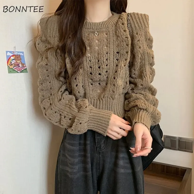 Loose Hollow Out Sweaters Women Simple Cropped Chic Leisure Korean Style Fashion Cozy Streetwear All-match Gentle Knitwear Y2k