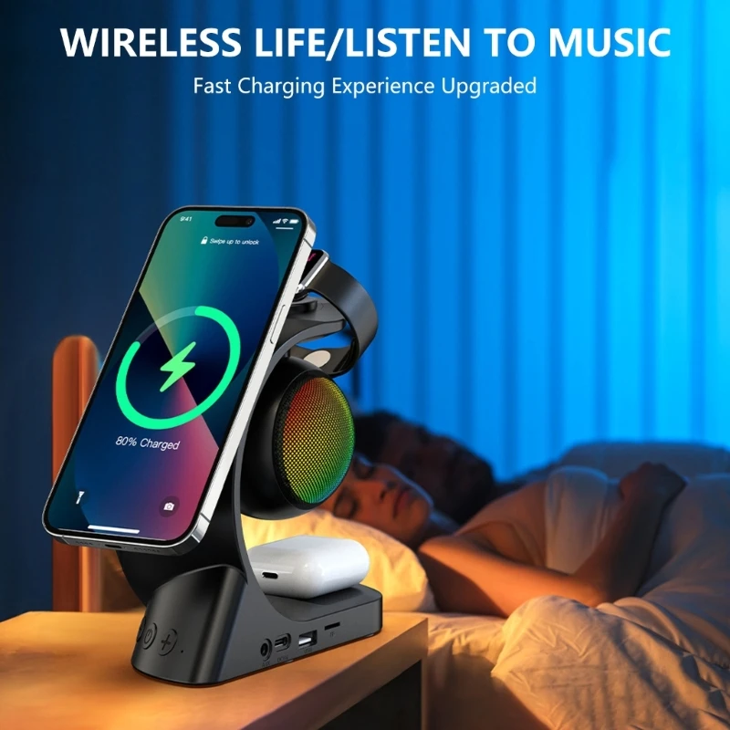 3 in 1 Desktop Bluetooth-compatible Speaker Wireless Woofer with Colorful LED Light Charging Dock Station Function