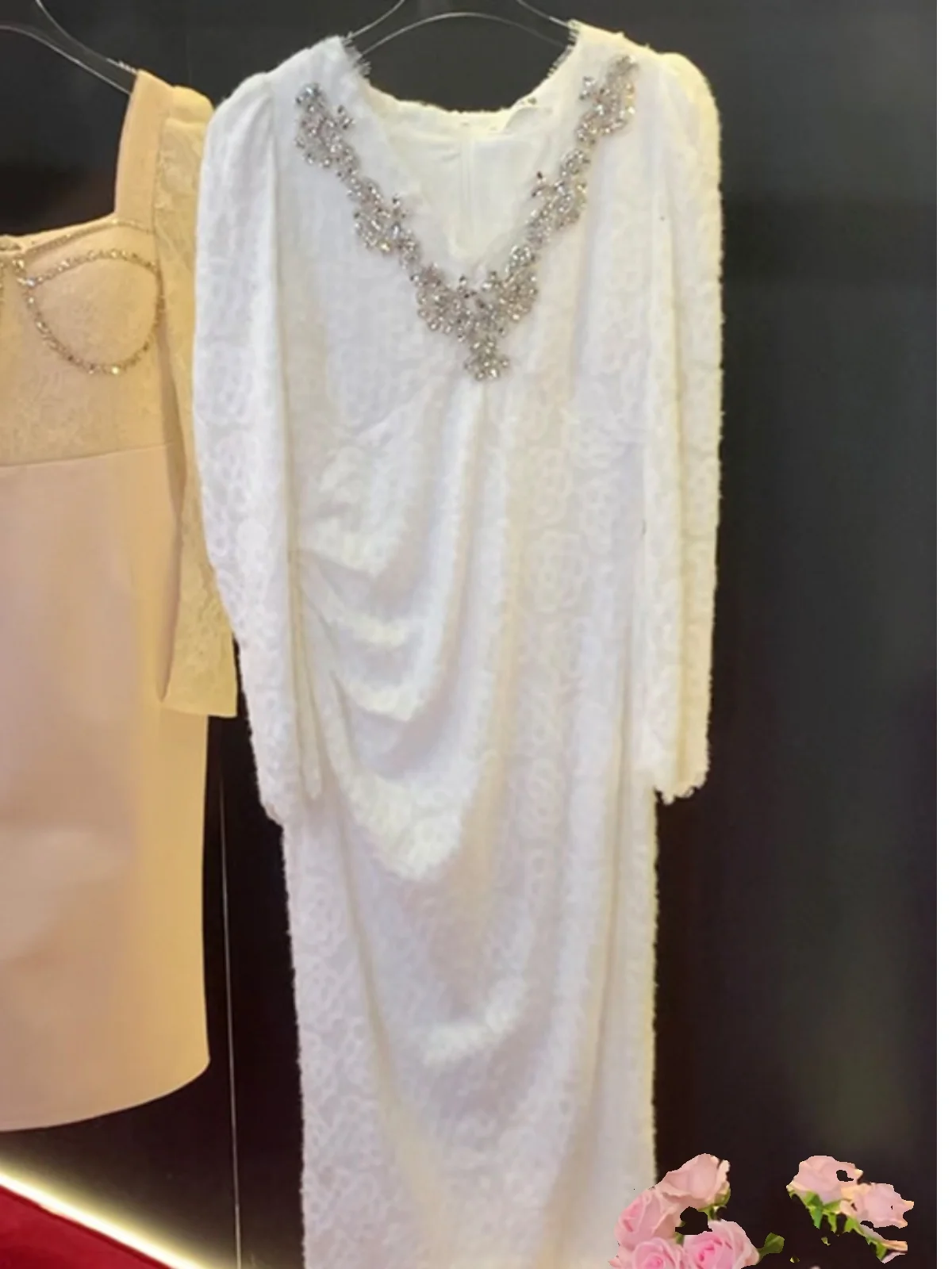 

Lace Long Sve V-Ne Faux Fur Dr Ele Gentle Sle White Holiday Dr for Women Ci Commute Date Par