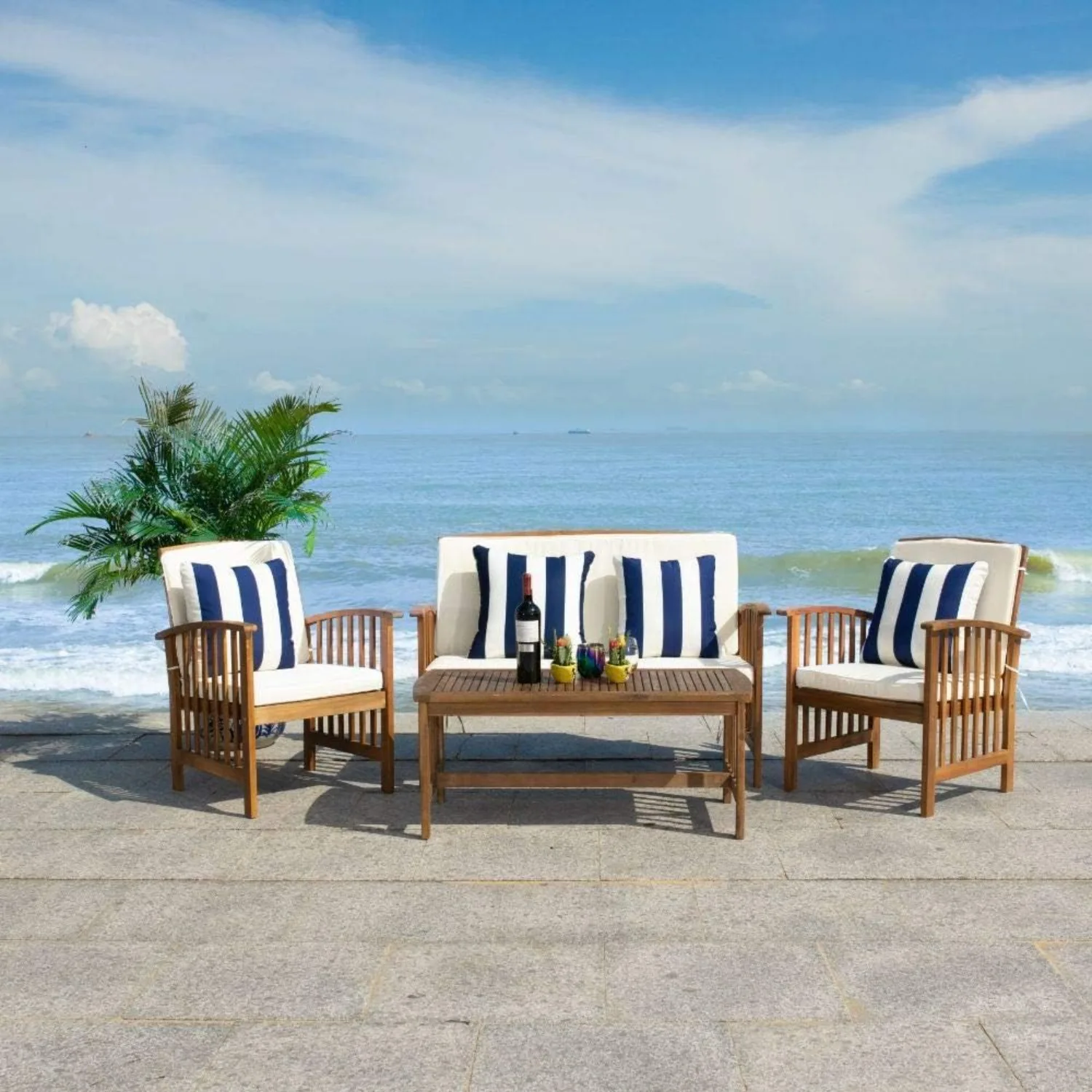 SAFAVIEH Outdoor Collection Rocklin Natural/ Beige Cushions/ Thick Stripe Pillows 4-Piece Conversation Patio Set