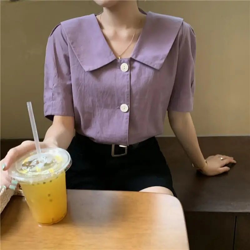 

Fashion Button Patchwork Shirt Tops Summer New Short Sleeve All-match Solid Color Sweet Blouse Casual Korean Women Clothing