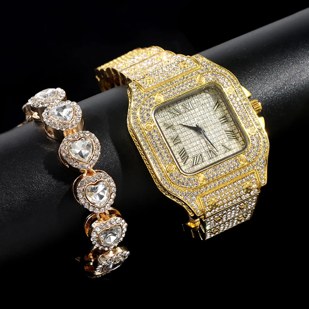 Men Women Iced Out Roman Quartz Watches Full Rhinestone Paved Watch+Bracelet Set Heart Tennis Bracelet Hip Hop Jewelry Gifts