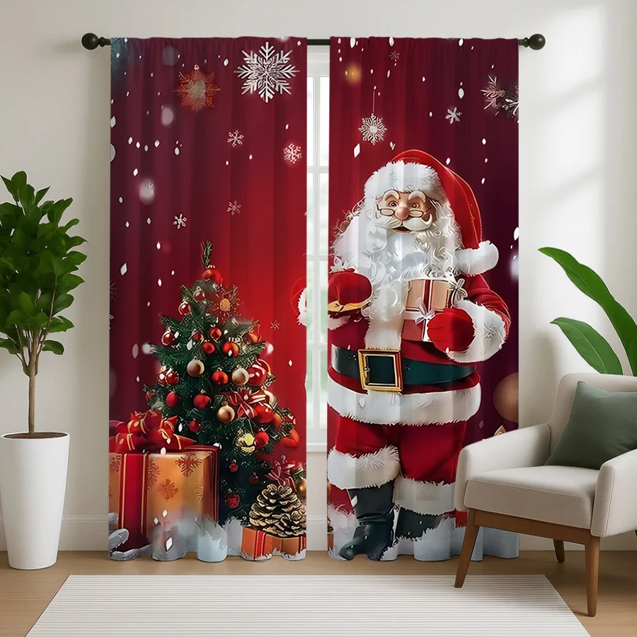 2 rideaux à impression numérique, Père Noël avec sapin de Noël et boîtes cadeaux sur fond rouge enneigé, pour la décoration de fenêtres de salon.