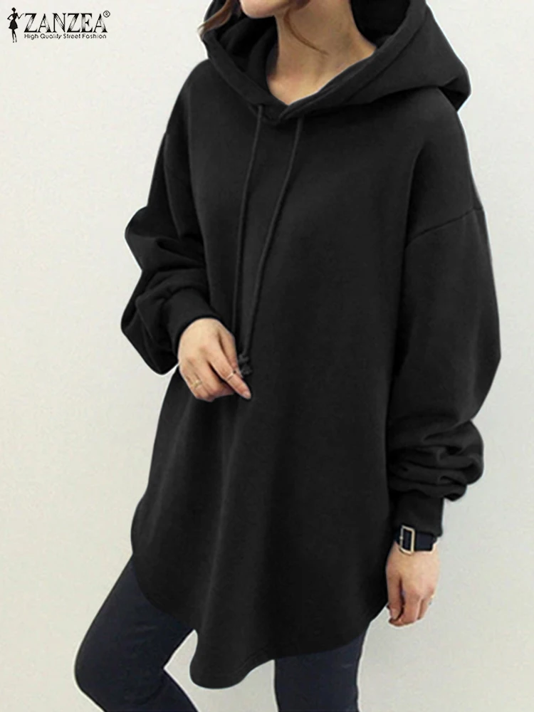 เสื้อฮู้ดดี้สีดำทรงโอเวอร์ไซส์สำหรับผู้หญิง แบรนด์ ZANZEA คอลเลคชั่นฤดูใบไม้ร่วง 2025 แขนยาวทรงหลวม ชายเสื้อโค้ง  เสื้อฮู้ดสตรีทแวร์สีพื้น ไซส์ 3XL