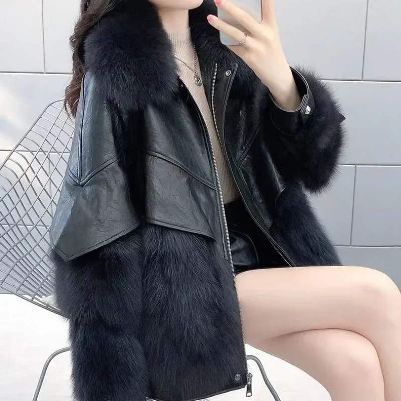 New Women Winter Faux Fur Coat Mid Length Version Fox Overcoat Loose Thick Warm Furs Jacket  Artificial Fur Collar Outwear JJ161