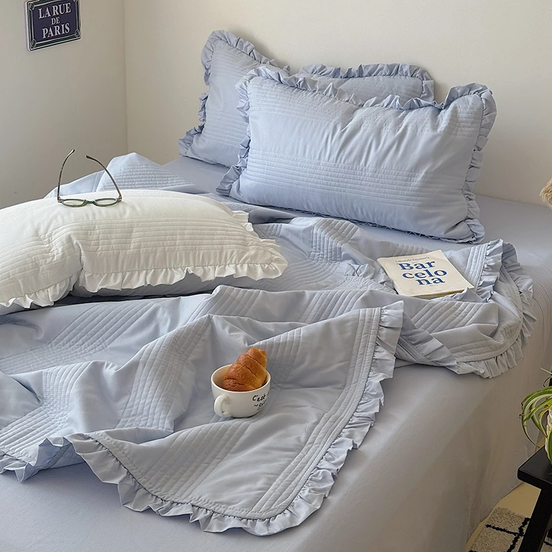 New Korean Style Ruffled Summer Quilt Set or 1pc Quilt Only Lightweight Air Condition Comforter Solid Quilted Blanket Bedspreads