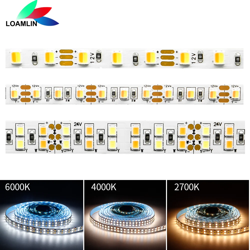 2835 CCT LED Strip bianco/bianco caldo luci Led dimmerabili 120/180/240/336LED/m lampada di illuminazione flessibile lineare 5/8/12mm DC12V DC24