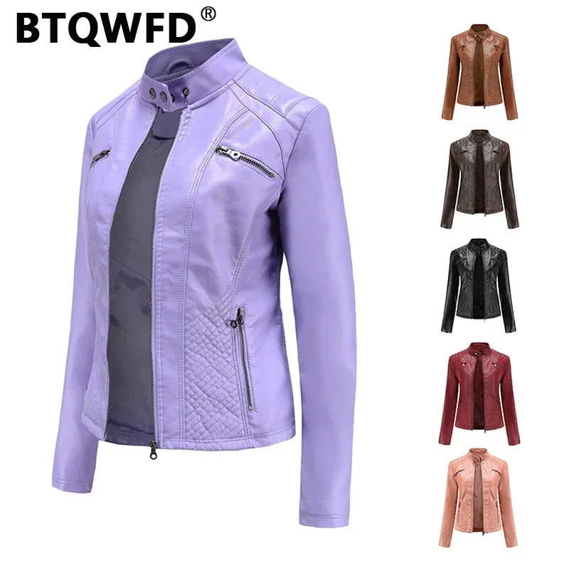 BTQWFD Women\'s Autumn Winter Jackets Female Clothing Coats 2024 New Ladies Leather Outwear Long Sleeve Motor Biker Tops Zipper