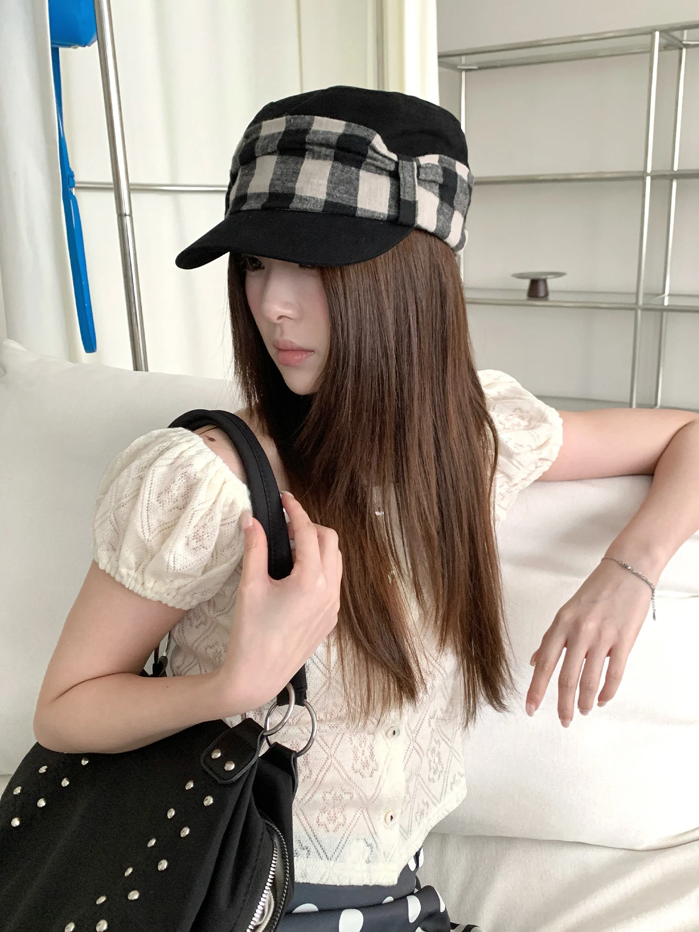 Japanese Style Plaid Pleated Flat-Top Equestrian Hat Women's Vintage Sun Visor Duck Cap Slimming Face Octagonal Hat Baseball Cap