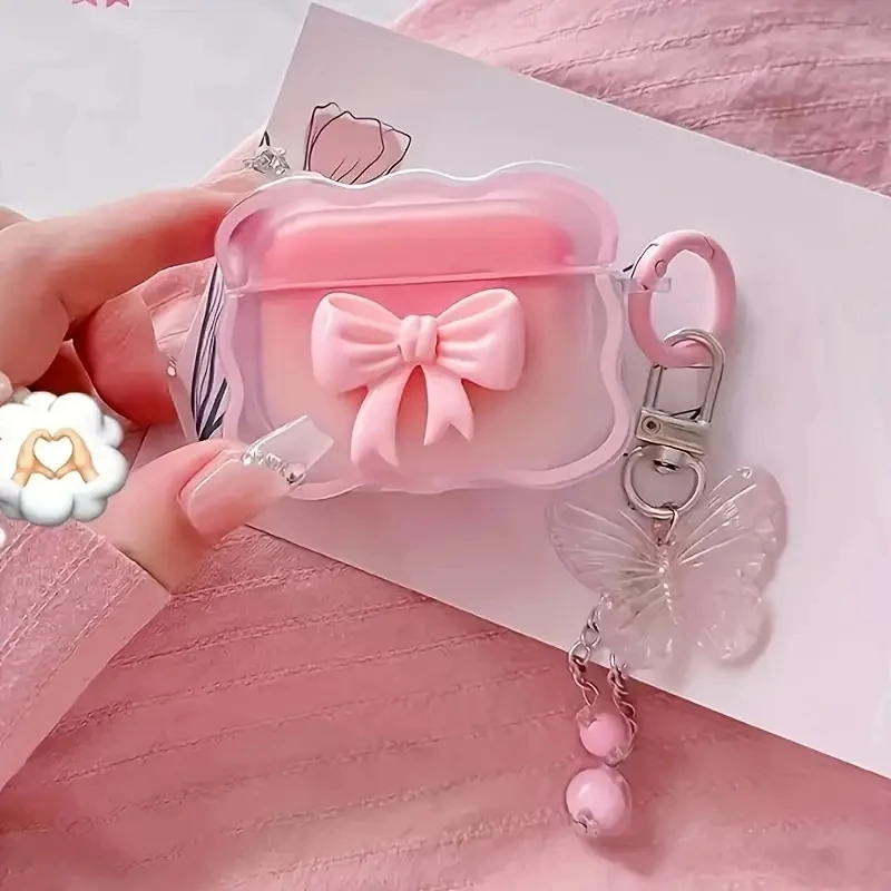 INS Wave Bow Transparent Case Stars Wave Gradient Pink Bow Headphone Cover Airpods 4 Pro2 Protective Bag Earphone Case