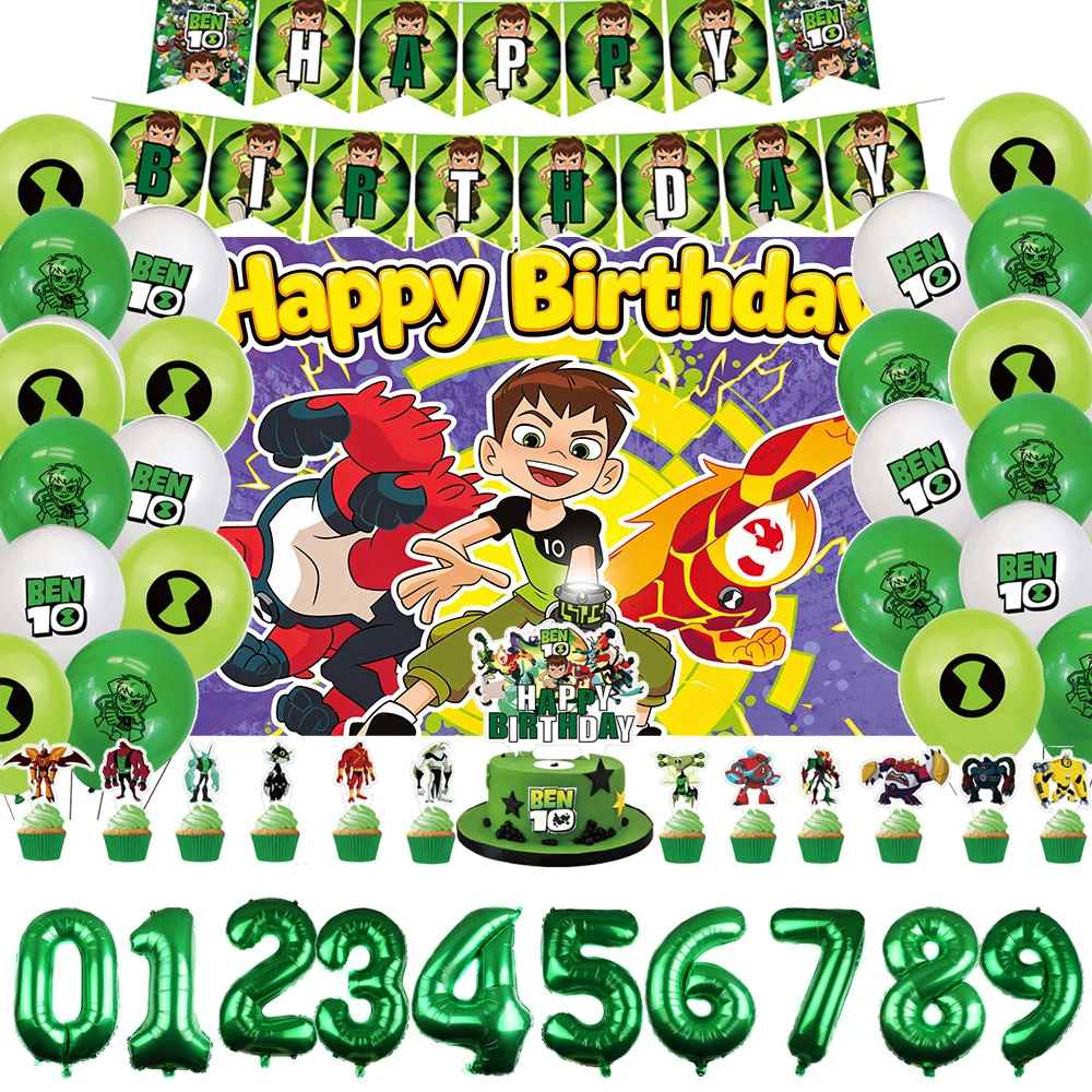 

Cartoon Boy Bens 10 Green Theme Birthday Party Decoration Balloons Banner Cake Toppers Baby Shower Boys Gift Supplies Photo Prop