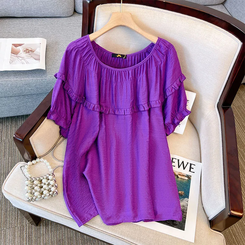 160Kg Plus Size Women's Summer Loose Ruffled Short-Sleeved T-Shirt Bust 165cm 5XL 7XL 8XL 9XL Fresh Top white Blue Purple