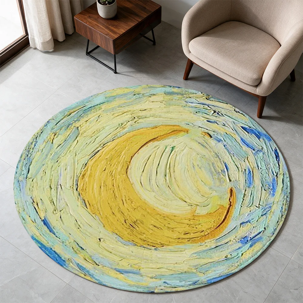 Bohemian Yellow Moon Abstract Round Area Rug for Living Room Boho Chic Decor Floor Mat