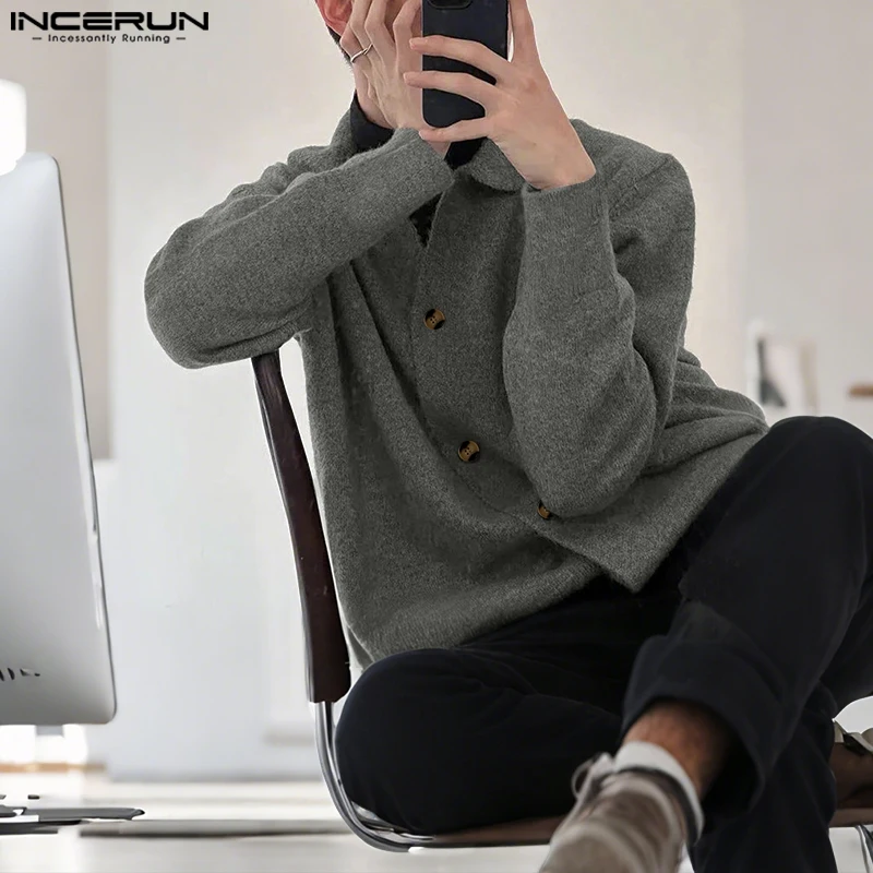 

INCERUN Men Cardigan Solid Color Knitted Lapel Long Sleeve Male Sweater Loose Korean Style 2025 Fashion Casual Sweater Coats Men
