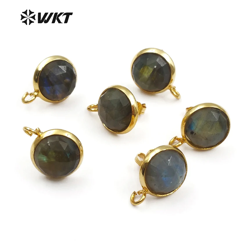 WKT WT-JF328 New Arrival Accessories Natural Labradorite Cut Section Round Gold Stud For Jewelry Making Earrings Connector