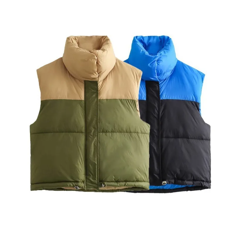 Korean Fashion Winter Casuall Padded Vest Thick Parkas Zip Up Puffer Jacket Coat Padded Coat Sleeveless Patchwork Color Block