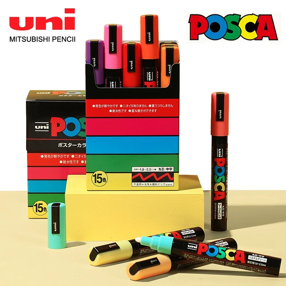 15pcs Japan UNI POSCA Acrylic Marker Set for Graffiti Waterproof Non Fading POP Children Drawing PC-3M/5M School Stationery