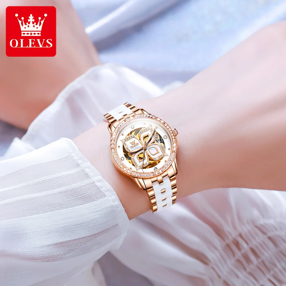 OLEVS Womens Watch Elegant Fashion Bezel Ceramic Strap Original Mechanical Wristwatch Waterproof Luminous Butterfly Dial Ladies