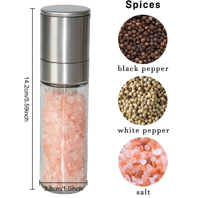 Salt Grinder Pepper Mill, Refillable, Adjustable Coarseness Pepper Grinder, Stainless Steel Sea Salt Shaker with Ceramic Rotor