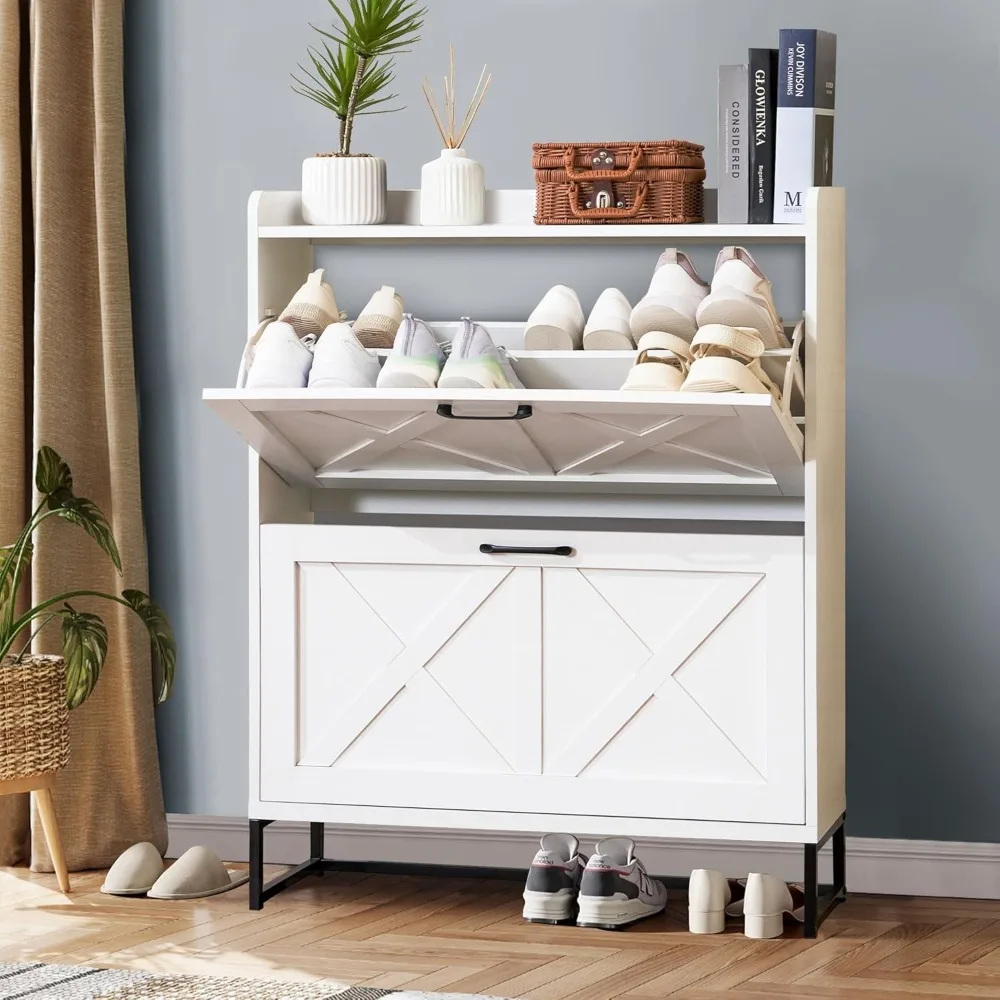 خزانة أحذية مع درجين قابلين للطي، خزانة تخزين أحذية مخفية للمدخل، خزانة أحذية ضيقة بأرجل معدنية، مقاس S #1