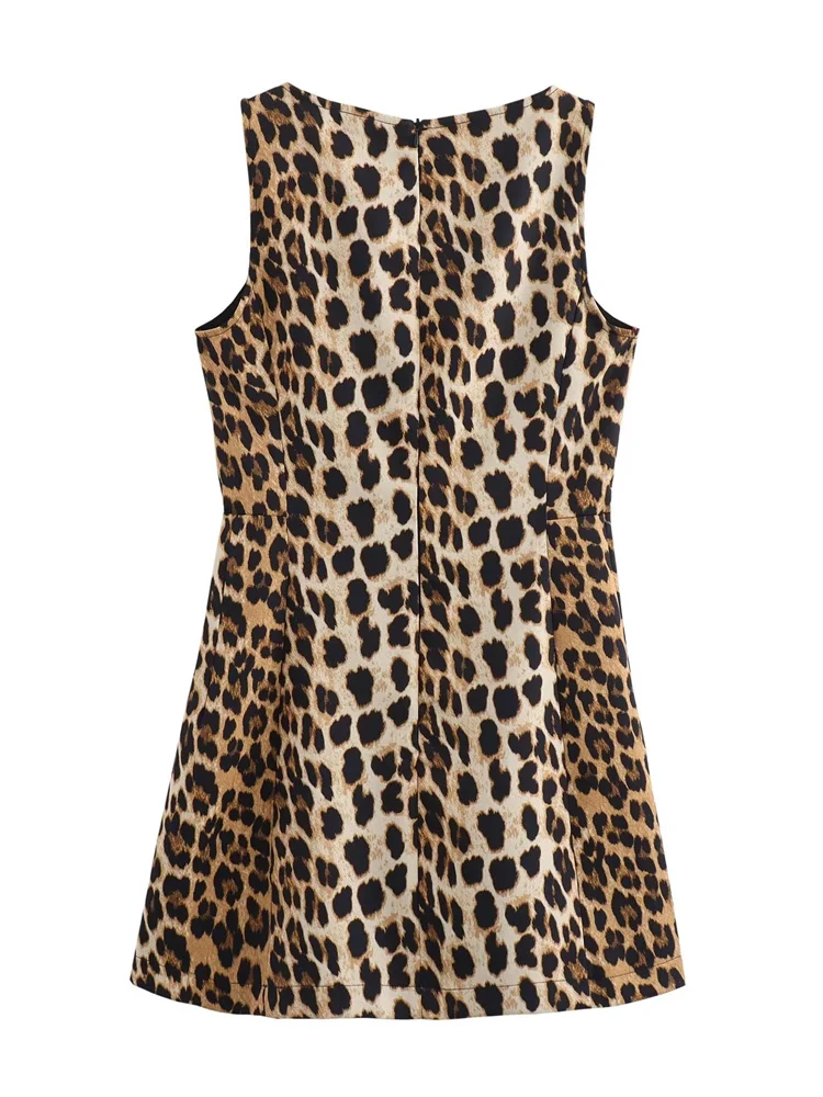 Zevity 2024 Women Sexy O Neck Sleeveless Leopard Print Slim Vest Dress Female Chic Back Zipper Club Party Mini Vestidos DS6206