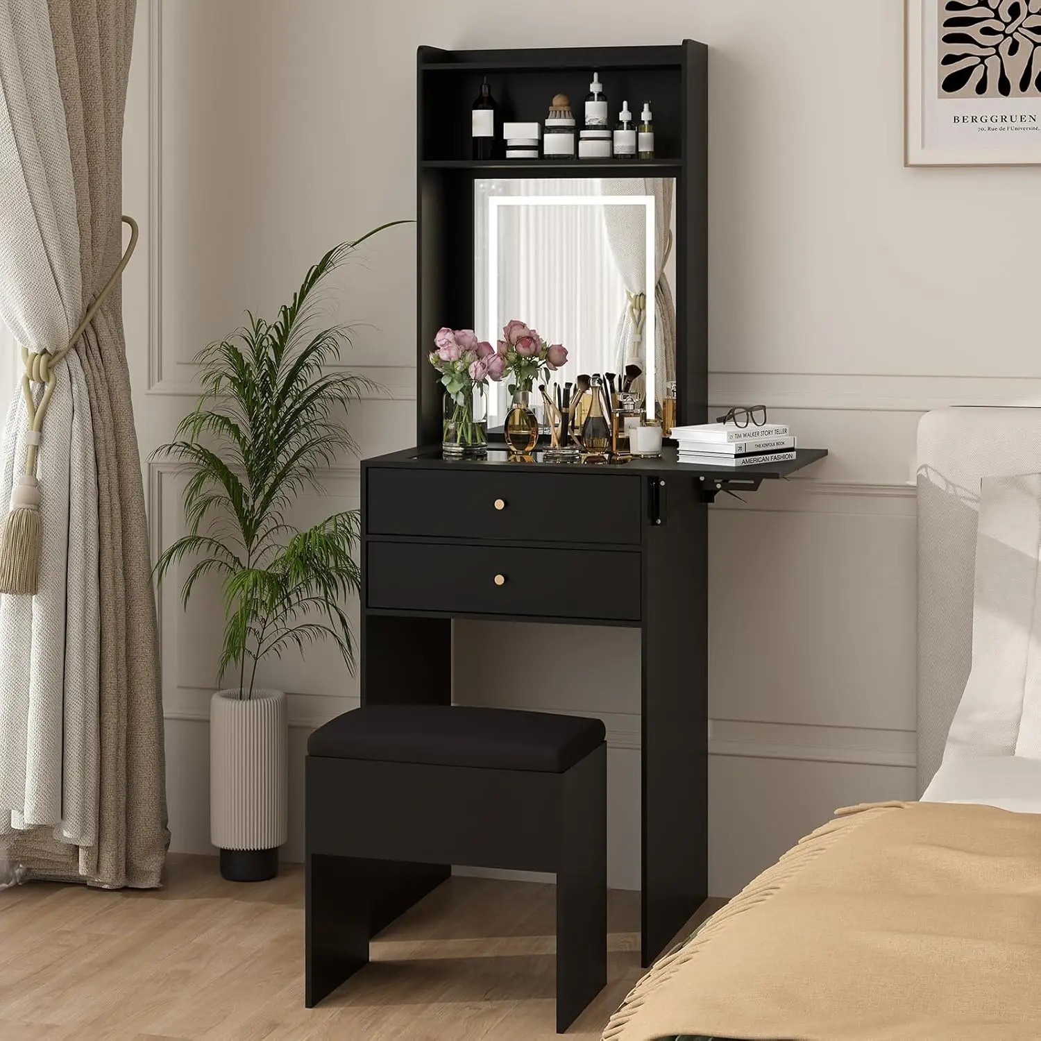 Mini Black Vanity Desk Set for Bedroom with 3 Adjustable Lighted Mirror, Storage Chair and Fold-up Panel for Tiny Space